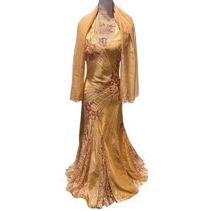 Bicici Designer Beaded Halter Gown Formal Embroidered Champagne Gold & Shawl